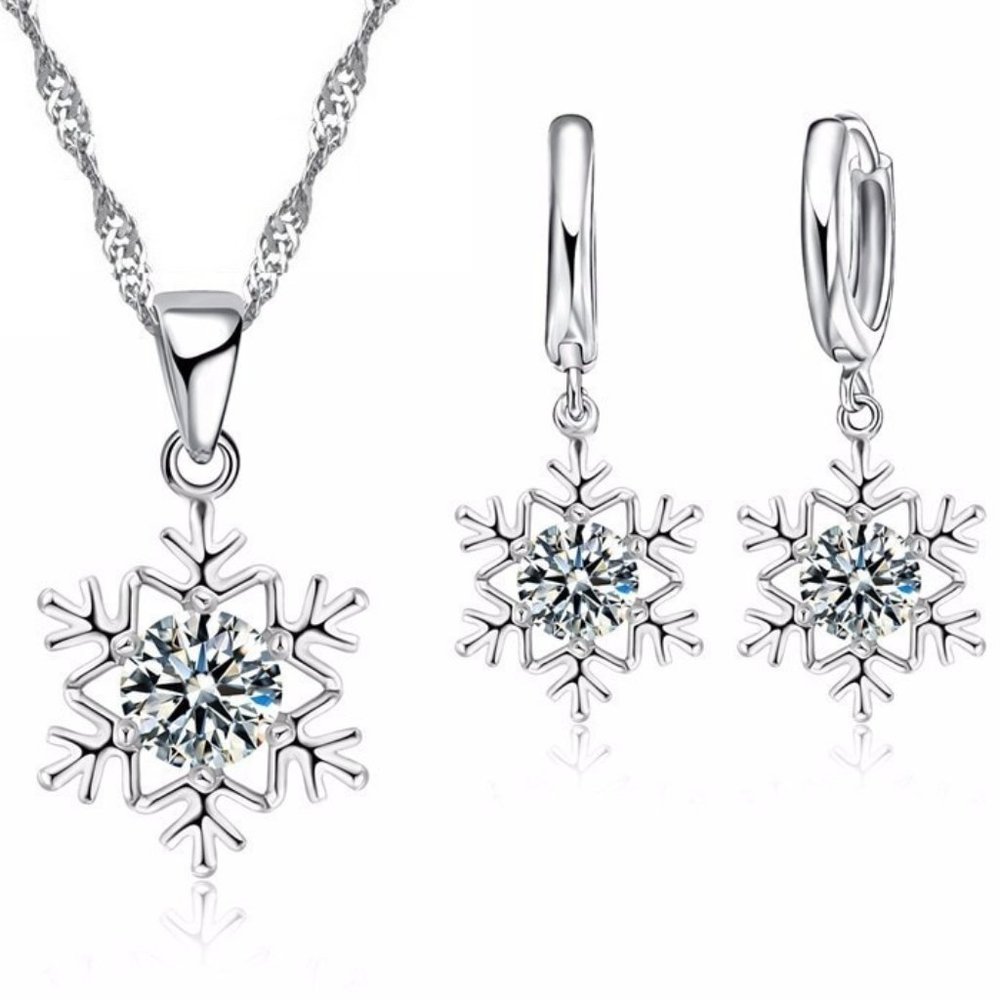 ❤️ Snow Flake 925 Sterling Silver Earrings And Necklace Set